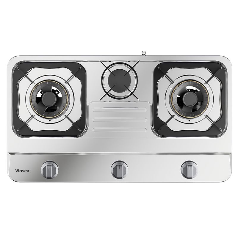 เตาแก๊สระบบพัลส์แบบวางบนเคาน์เตอร์สแตนเลส3หัวเตาสีเงิน-ดำ